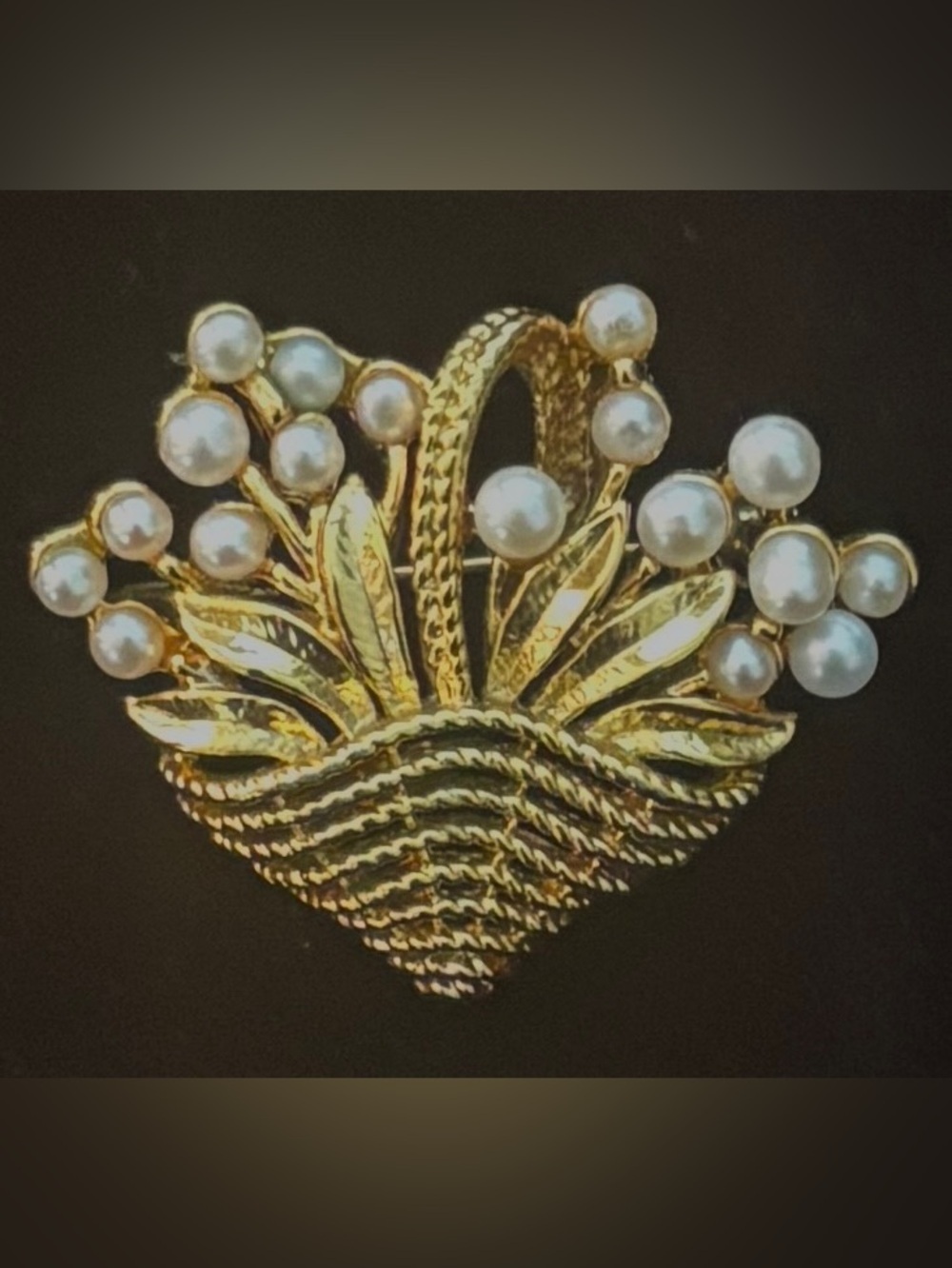 Crown Trifari basket of flowers gold filled 1 3/8”x15/8” brooch 1960’s vintage